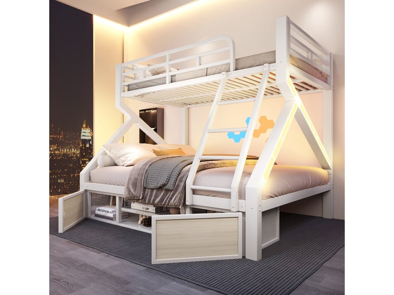  Lit superposé enfant 23 places 90140×200 cm lit simple lit double en métal avec led meuble à chaussures rangements, blanc  - Conforama B