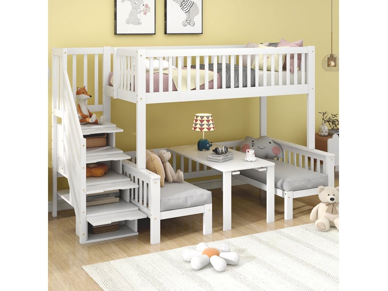 Lit superposé enfant 90x200 et 120x200 cm avec escalier de rangement et bureau, blanc - Conforama C
