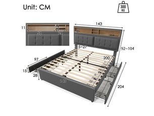 Lit rembourré ulevr 140x200 avec 4 tiroirs de rangement, tête de lit réglable, prises usb, usb-c et prises électriques, lin gris