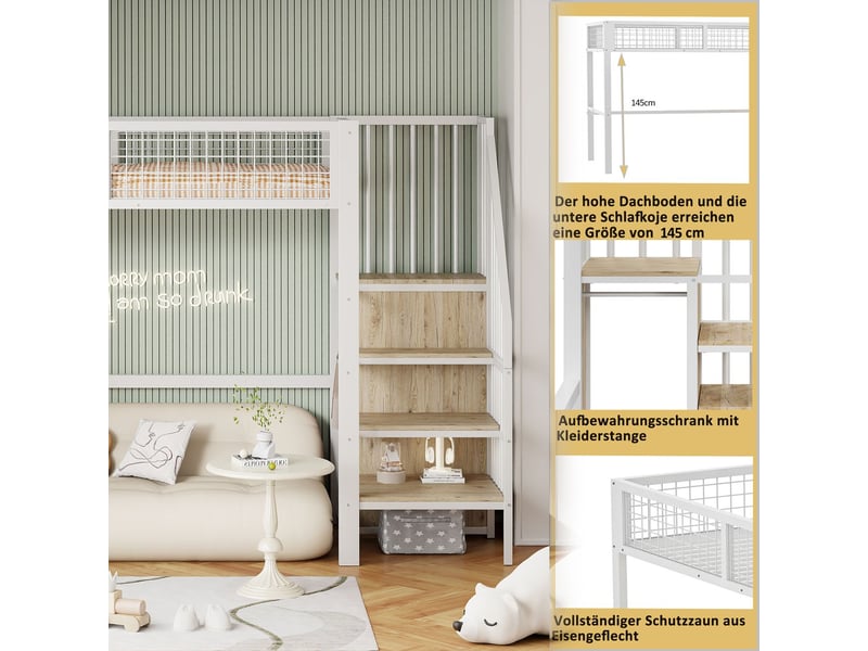  Lit mezzanine 90x200cm avec armoire, étagères et échelle sécurisée, lit simple, barrières de sécurité - design unique, blanc  - Conforama C
