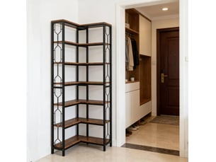 Bibliothèque d'angle 200 cm noire et marron en bois d'ingénierie, 7 niveaux pour rangement et exposition