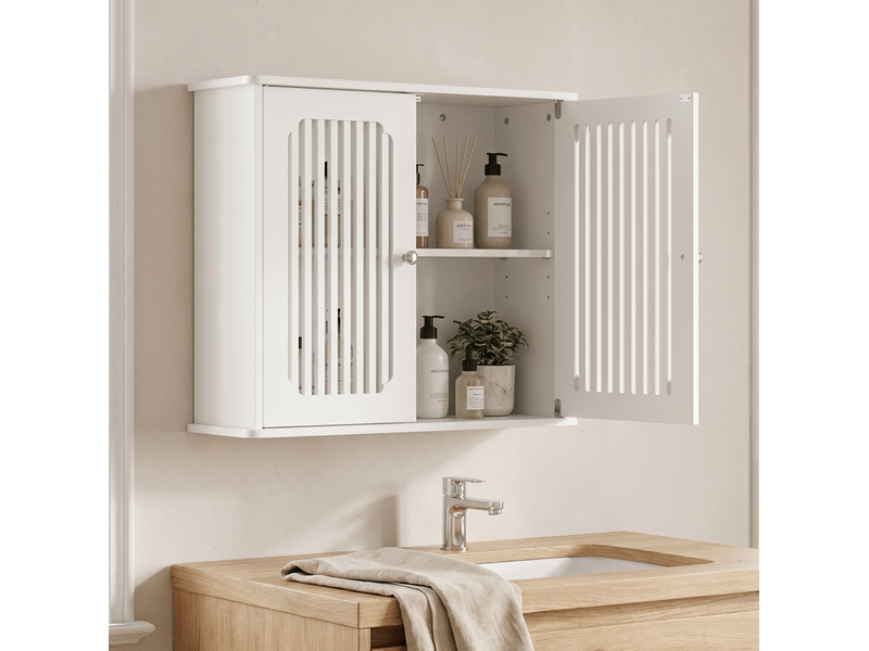  Armoire murale de salle de bain à 2 portes persiennées, rangement mural gain de place en mdf blanc pour salle de bain  - Conforama D