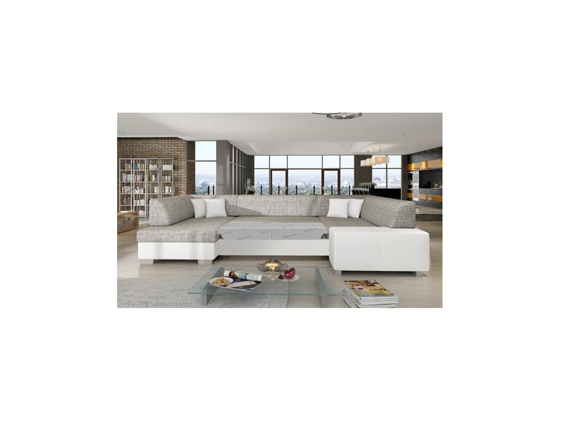  Canapé panoramique en u gris &amp; blanc convertible 6 places havane avec coffre à literie  - Conforama D