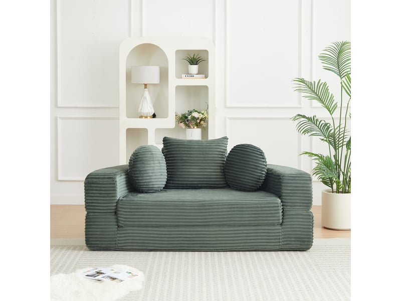 Canapé-lit 4-en-1 convertible, canapé demi-rond et lit de jour rond, 3 coussins, design compact en velours côtelé - vert - Conforama E