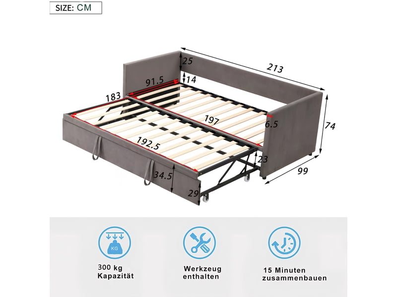  Canapé-lit 90/180 x 200 cm, lit de jour convertible pour 2 adultes, lit rembourré avec lit d'appoint coulissant et sommier à lattes, convertible en lit double, velours, gris, sans matelas  - Conforama E