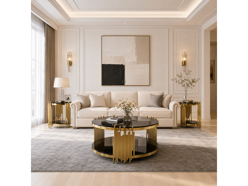 Bout de canapé rond 45x55 cm, double plateau, verre trempé, acier inoxydable, design moderne, noir et doré - Conforama E