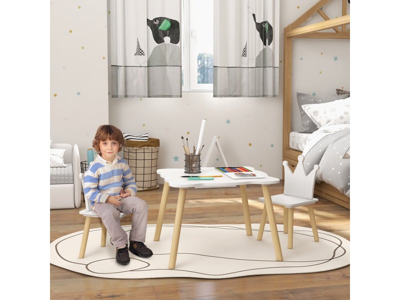  Ensemble table et 2 chaises pour enfants avec dossier en forme de couronne pour lire et dessiner, 60 x 60 x 44 cm, blanc et bois  - Conforama B