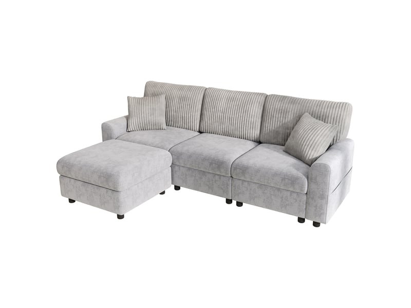  Canapé d’angle 4 places 223x146x84 cm avec pouf, 2 coussins carrés, usb et type-c pour salon, chenille et velours côtelé, gris Sol Morn - Conforama A