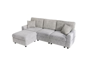Canapé d’angle 4 places 223x146x84 cm avec pouf, 2 coussins carrés, usb et type-c pour salon, chenille et velours côtelé, gris