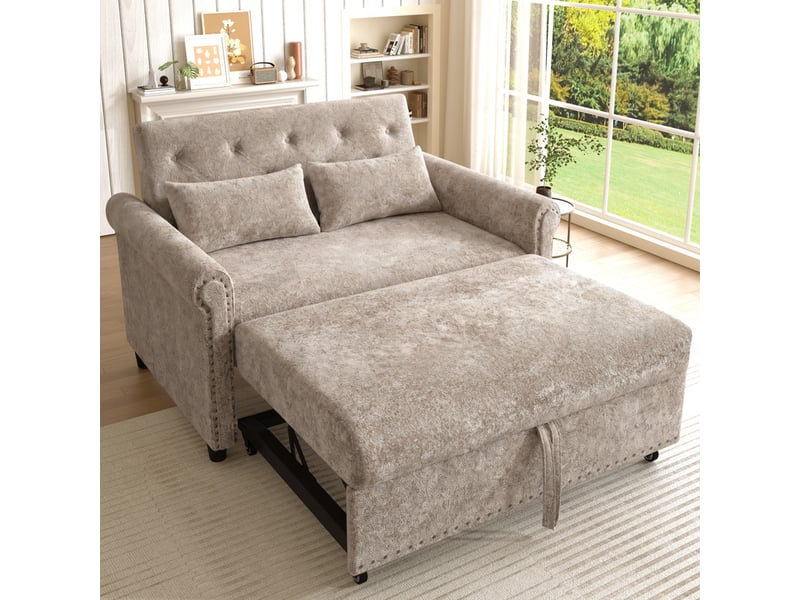 Canapé droit 3-en-1 convertible, 2 places avec dossier réglable sur 3 positions, 2 coussins, 120x80x82cm, marron chenille - Conforama D