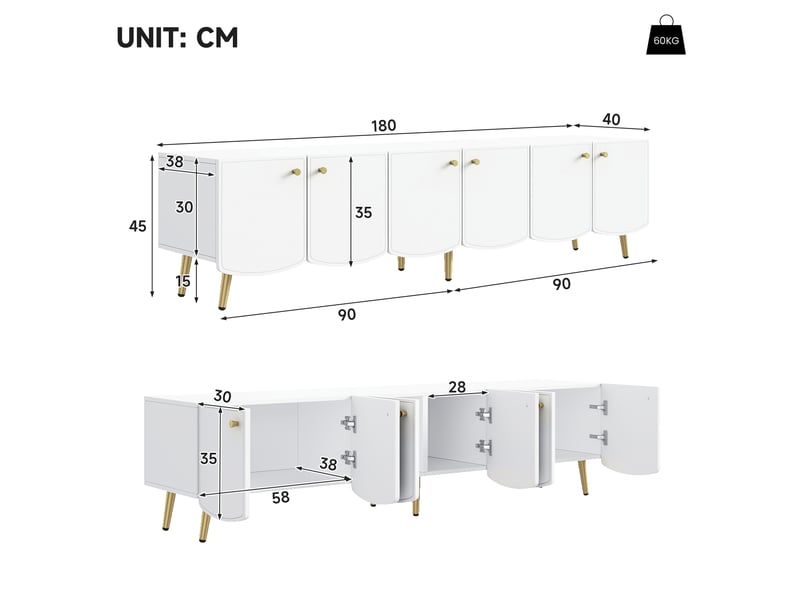  Meuble tv avec 6 portes et rangement pour salon 180×40×45 cm en panneaux de particules blanc et doré  - Conforama E