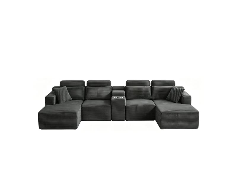 Canapé d'angle modulable 6 places en velours côtelé gris, 373,38 x 149,86 x 81,28 cm, forme en u, porte-gobelets, poches latérales, sans armature CARDUME ESTIVAL - Conforama A