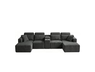Canapé d'angle modulable 6 places en velours côtelé gris, 373,38 x 149,86 x 81,28 cm, forme en u, porte-gobelets, poches latérales, sans armature