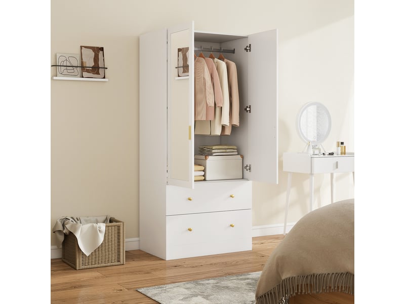 Armoire chambre penderie avec miroir, 2 portes, 80 x 50 x 180 cm, 2 tiroirs et barre de suspension, blanc  - Conforama B