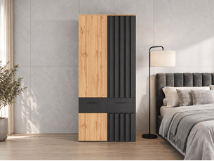 Armoire 4 portes battantes, 2 tiroirs, penderie et 2 niches, façades rainurées, 90 × 50 × 200 cm, noir et bois naturel