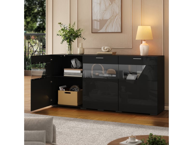  Buffet vitrine, 3 portes vitrées, grand rangement fermé, led pilotée par appli et façades brillantes pour salon, panneaux de particules,noir evarich - Conforama E