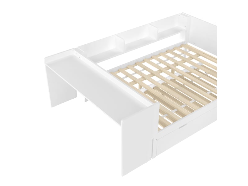 Lit enfant 140 x 200 cm avec lit gigogne 90 x 190 cm, bureau et 3 étagères, pin et panneau de particules, blanc Fay Lum - Conforama E