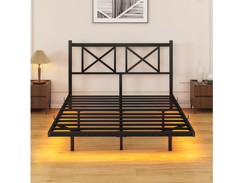  Lit simple 120x200 cm en métal noir avec led et station de charge  - Conforama E