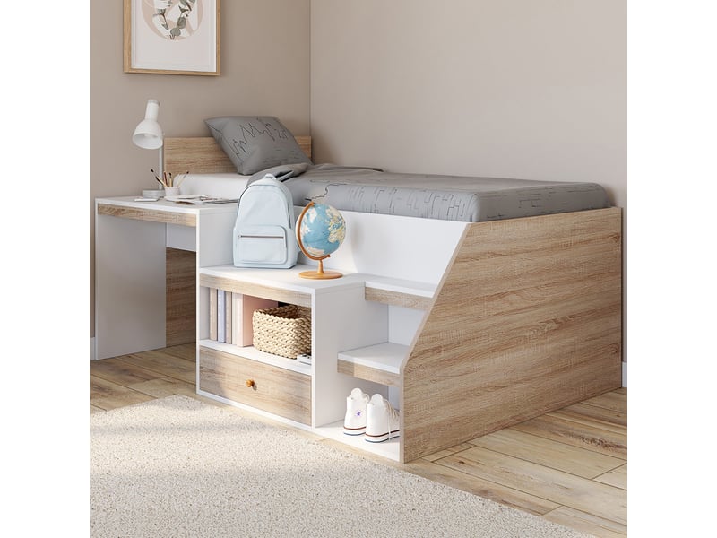 Lit combiné avec sommier, bureau et rangement leopold 90 x 190 cm hêtre et blanc  - Conforama B
