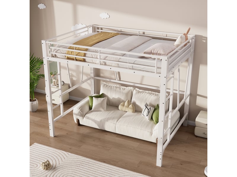  Lit mezzanine 140x200 cm coloris blanc, lit superposé enfant avec double échelle, lit en hauteur métal, sans matelas  - Conforama B
