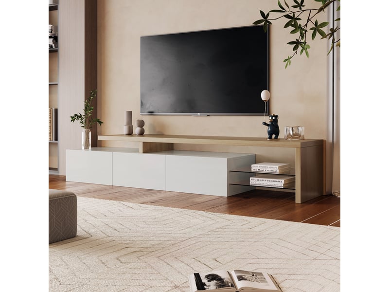  Meuble tv led - 200 x 39 x 42 cm-blanc et chêne - avec plateau supérieur ouvert et éclairage d'ambiance led - meuble de salon moderne  - Conforama C