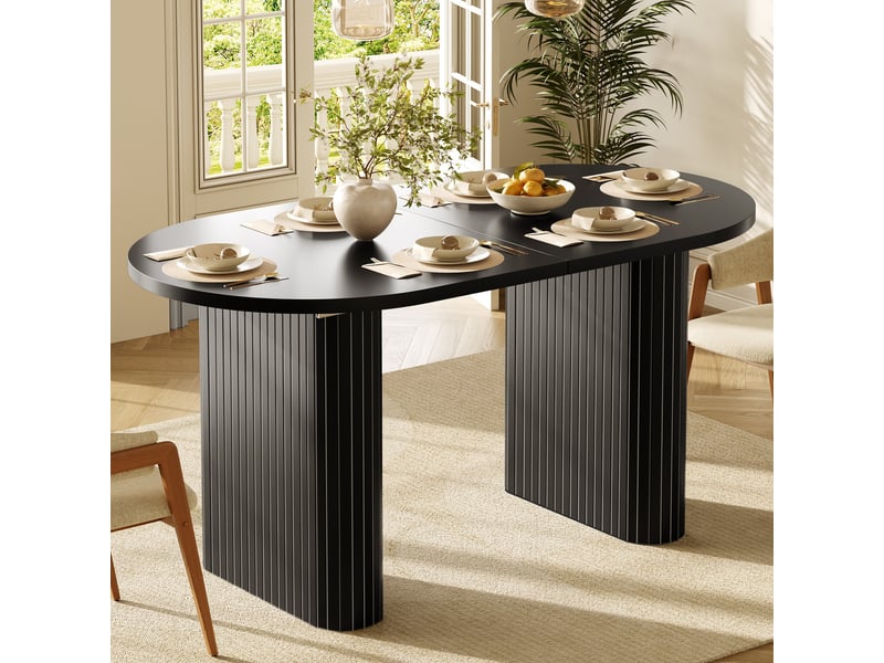 Table de salle à manger extensible 120-160x80x75,5 cm, plateau ovale effet bois à relief vertical, supporte 60 kg, mdf et métal, noir Sol Morn - Conforama E