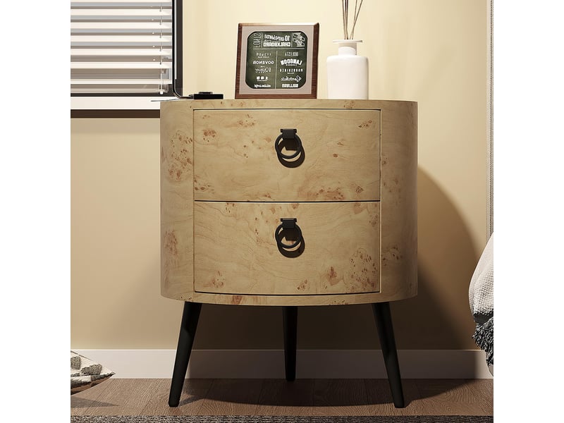  Table d'appoint ronde 2 tiroirs, bout canapé, chevet, style mid-century, bois naturel, pieds métal, rangement salon chambre PHO_346UKRXP - Conforama C