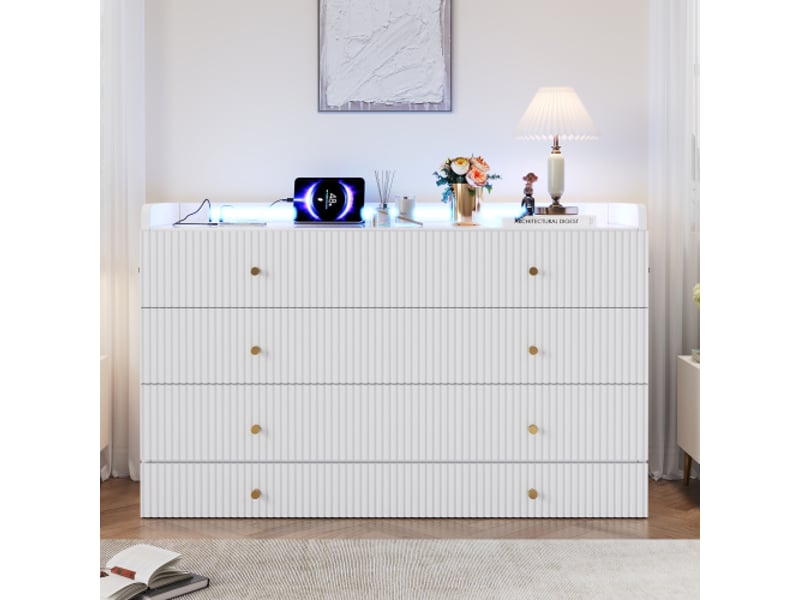 Lit plateforme 140x200 cm blanc convertible avec tiroirs sous le lit usb prise led plateau laqué blanc sans matelas  - Conforama E
