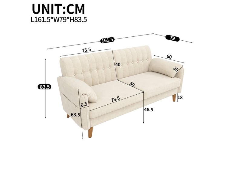  Canapé 2 places - 161.5x79x83.5cm - canapé droit en chenille avec poches latérales et pieds en bois massif 18cm - beige  - Conforama E