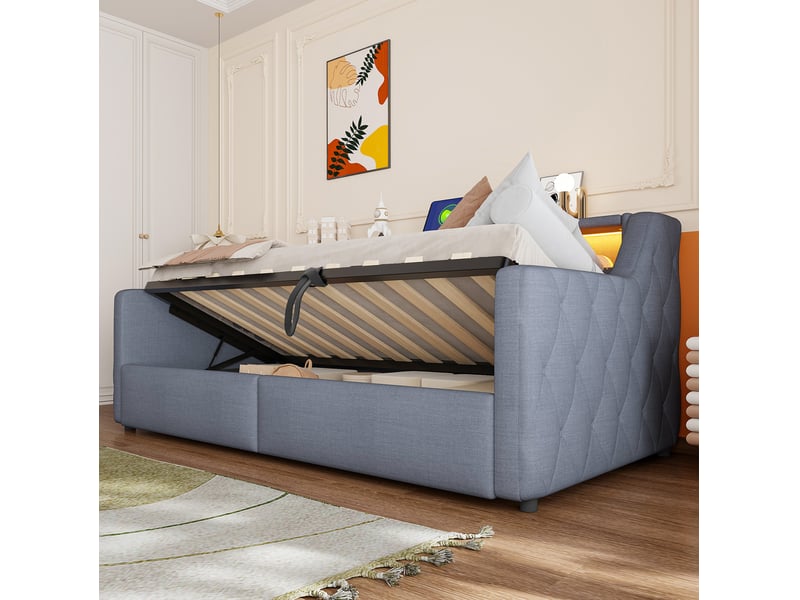  Lit simple 90x200 cm avec rangement hydraulique et led en lin et mdf gris  - Conforama D