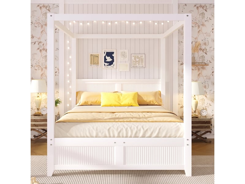  Lit à baldaquin 140x200 bois blanc scandinave avec toit  - Conforama C