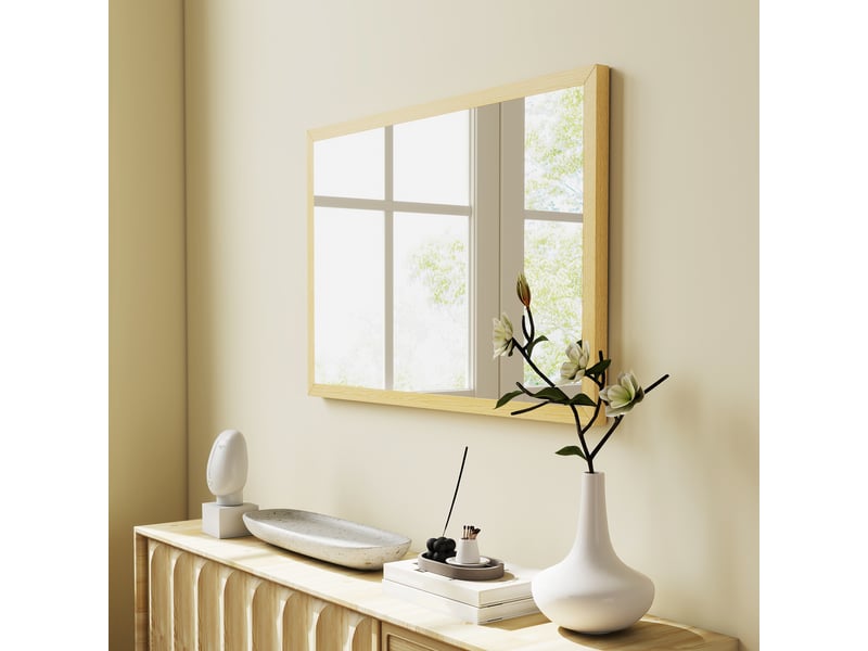  Miroir mural rectangulaire 60 x 40 cm, cadre en bois naturel, salon ou chambre, idéal pour la salle de bain  - Conforama W