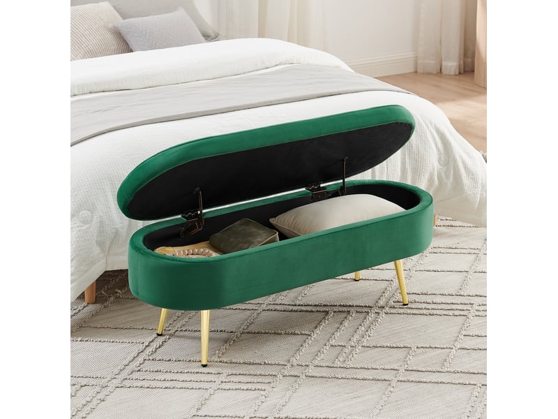  Banc de rangement ovale 110x40x42 cm en velours vert foncé avec pieds dorés  - Conforama D