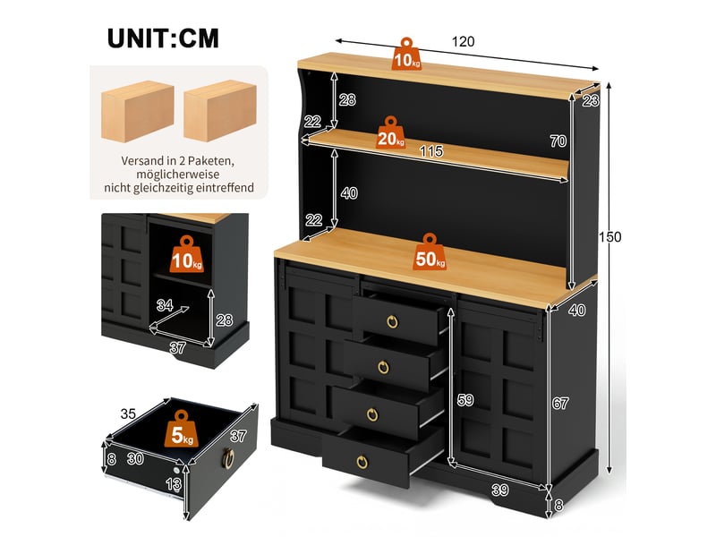  Buffet haut de cuisine 120 x 40 x 150 cm avec 2 portes coulissantes style grange, 4 tiroirs, led rgb, 2 prises, 2 usb, casier à vin, mdf  - Conforama C