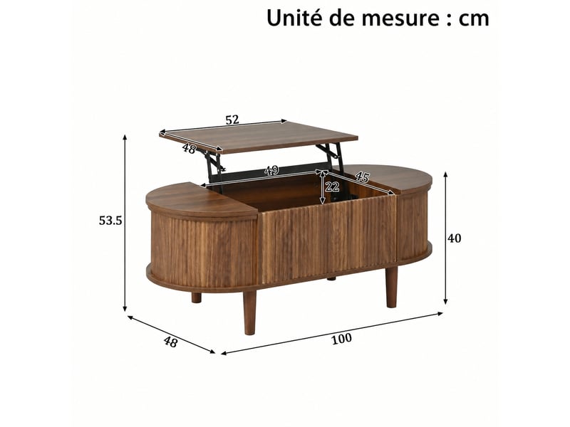  Table basse ovale relevable effet noyer avec rangement, 100 x 48 cm  - Conforama C