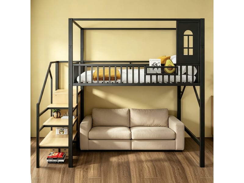  Lit mezzanine 140x200 cm en métal - structure avec échelle et rangements - espace sous lit 135 cm - noir  - Conforama B