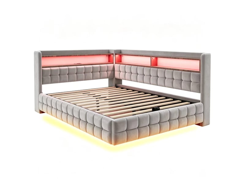Lit banquette enfant coffre 140 x 200 cm avec led, usb, usb-c, prise et étagères, velours gris clair Fay Lum - Conforama A