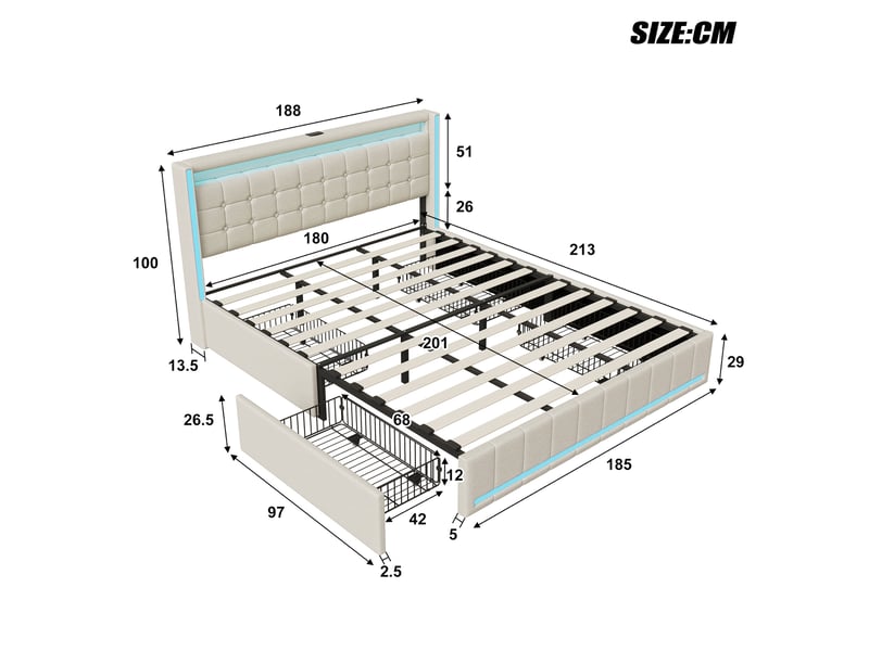  Dreammespace lit double king size 180x200 cm avec 4 tiroirs et prises usb type-c cadre led sommier à lattes tissu lin beige DreamMespace - Conforama E