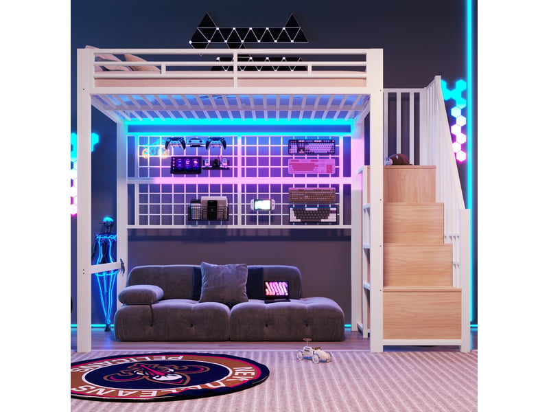  Modenvie lit mezzanine 90x200 cm - avec armoire echelle, eclairage led 7 couleurs, sans matelas - blanc  - Conforama D