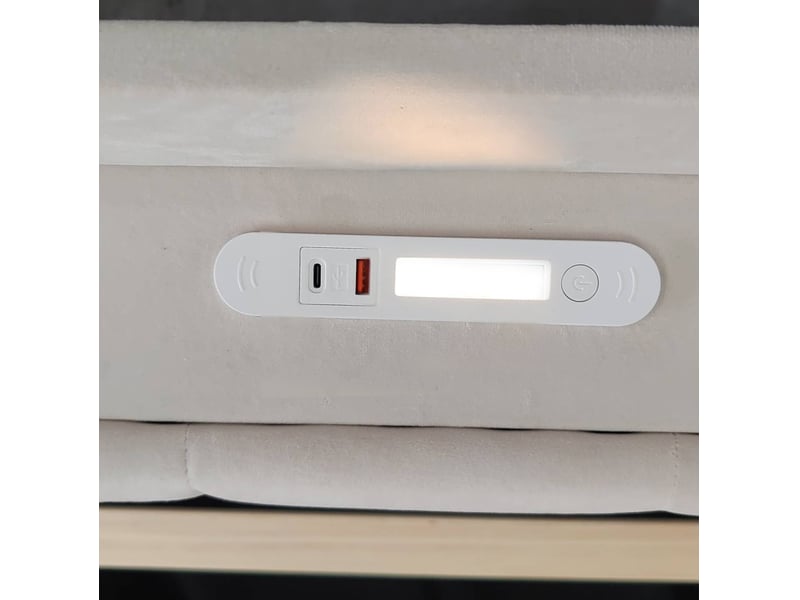  Lit simple enfant coffre 90x200 cm beige velours, éclairage intégré, ports usb et type-c, rangements latéraux  - Conforama E