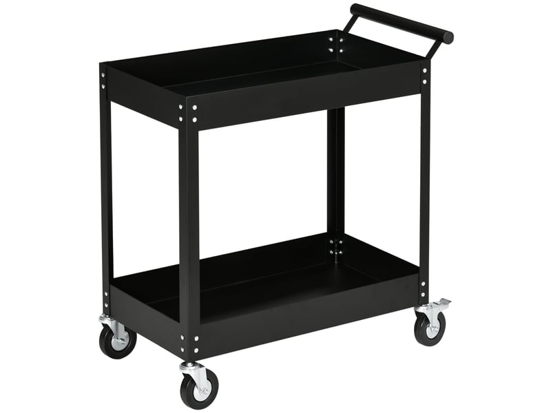  Chariot d'atelier 2 niveaux 84,5x38x84 cm noir en acier, charge totale 150 kg avec roulettes freinées  - Conforama A
