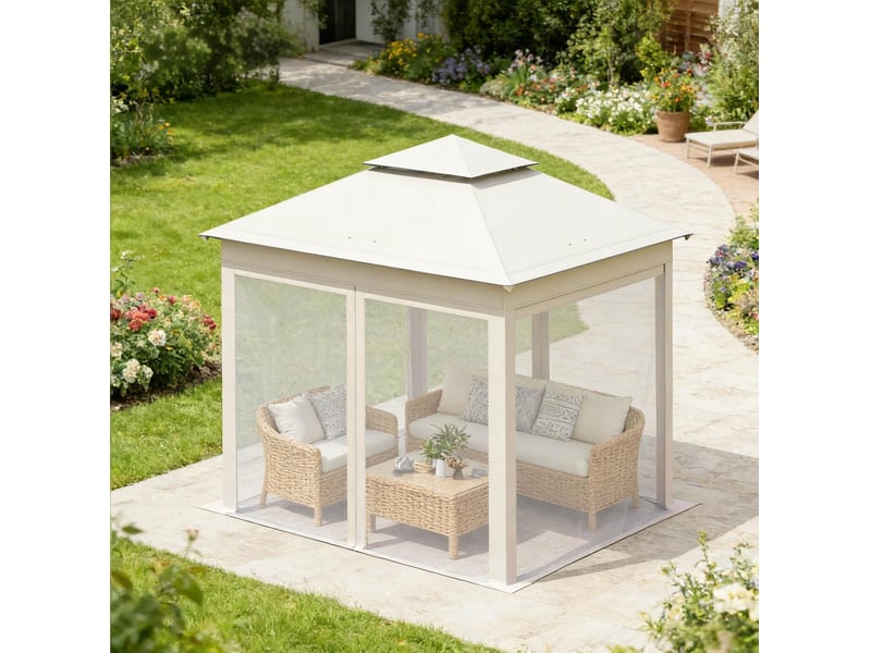  Gazebo pliant 300 x 300 cm - beige - toit double ventilé, moustiquaires amovibles et sac de transport  - Conforama B
