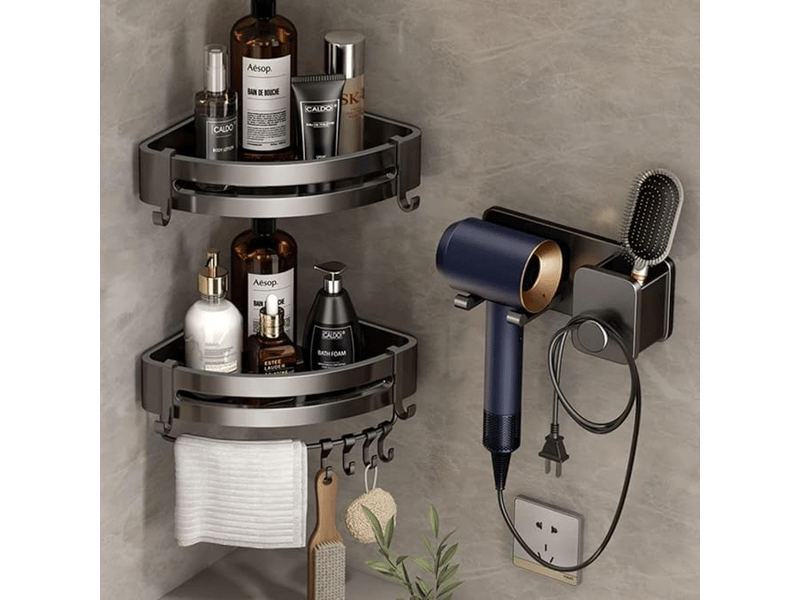  Étagère douche sans percage 2 pièces - support salle de bain métal noir avec 8 crochets - rangement pratique pour organisation salle de bain  - Conforama C