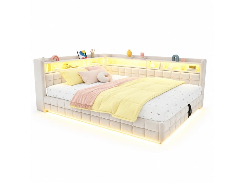  Lit banquette 140 × 200 cm 2 places avec coffre hydraulique, étagères, led, usb et type-c, sans matelas, beige  - Conforama A