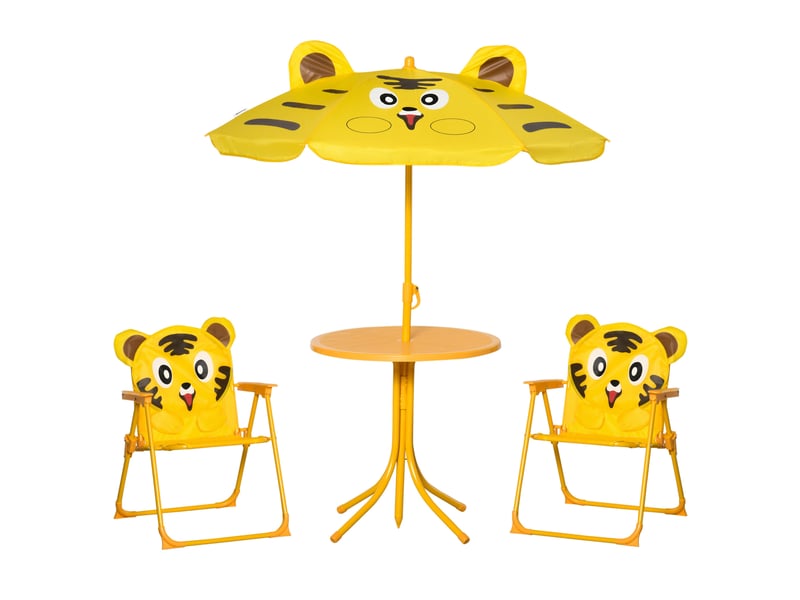 Ensemble salon de jardin enfant 4 pcs design tigre - table ronde + 2 chaises pliables + parasol - métal époxy oxford jaune - Conforama A
