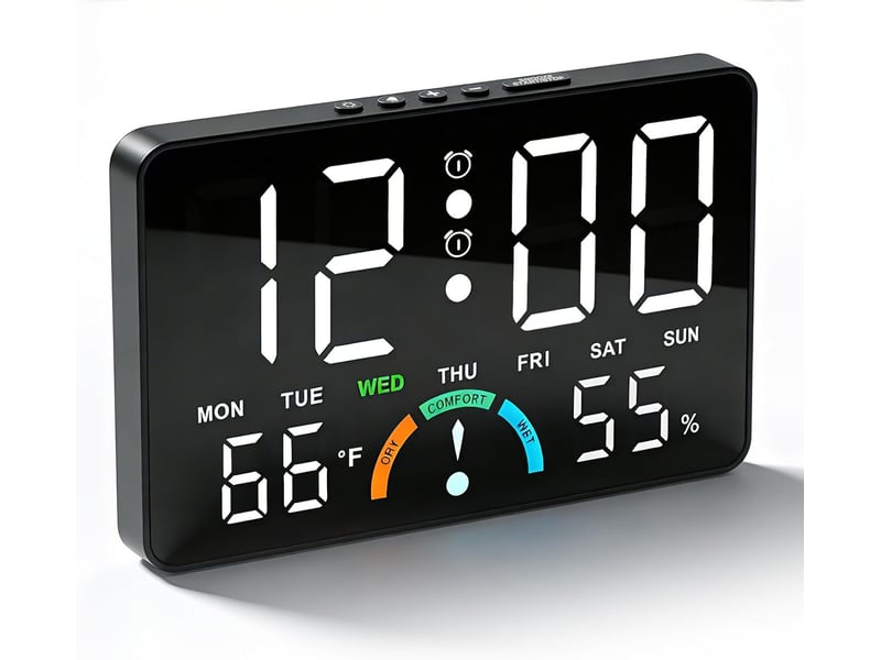 Réveil numérique led-horloge digitale de chevet avec 2 alarmes,contrôle sonore,port de charge usb,température et humidité-réveil luminosité réglable - Conforama A
