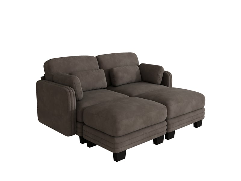  Canapé 2 places modulable 176x143x88 cm avec 2 poufs en chenille marron  - Conforama A