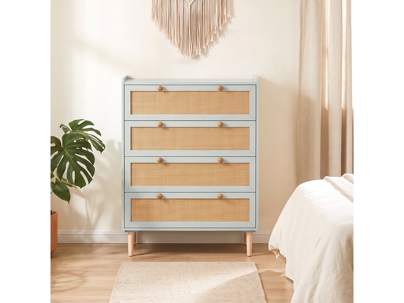  Commode 4 tiroirs style bohème chic rotin bois vert sauge  - Conforama D