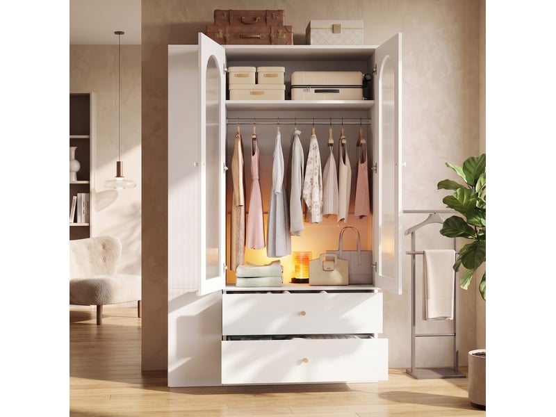  Armoire 120x50x200 cm, 4 tiroirs et 2 portes vitrées, mdf blanc, rangement chambre, vêtements et accessoires, dressing  - Conforama E