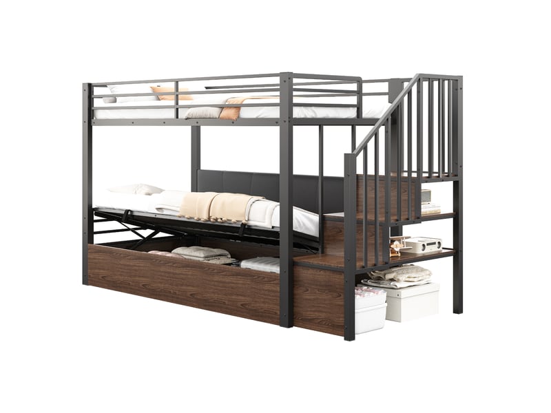 Lit superposé enfant 90x200 cm avec coffre hydraulique et rangements intégrés, échelle ou escalier, structure mdf et métal, noir OPULERANE TRADING LTD - Conforama A